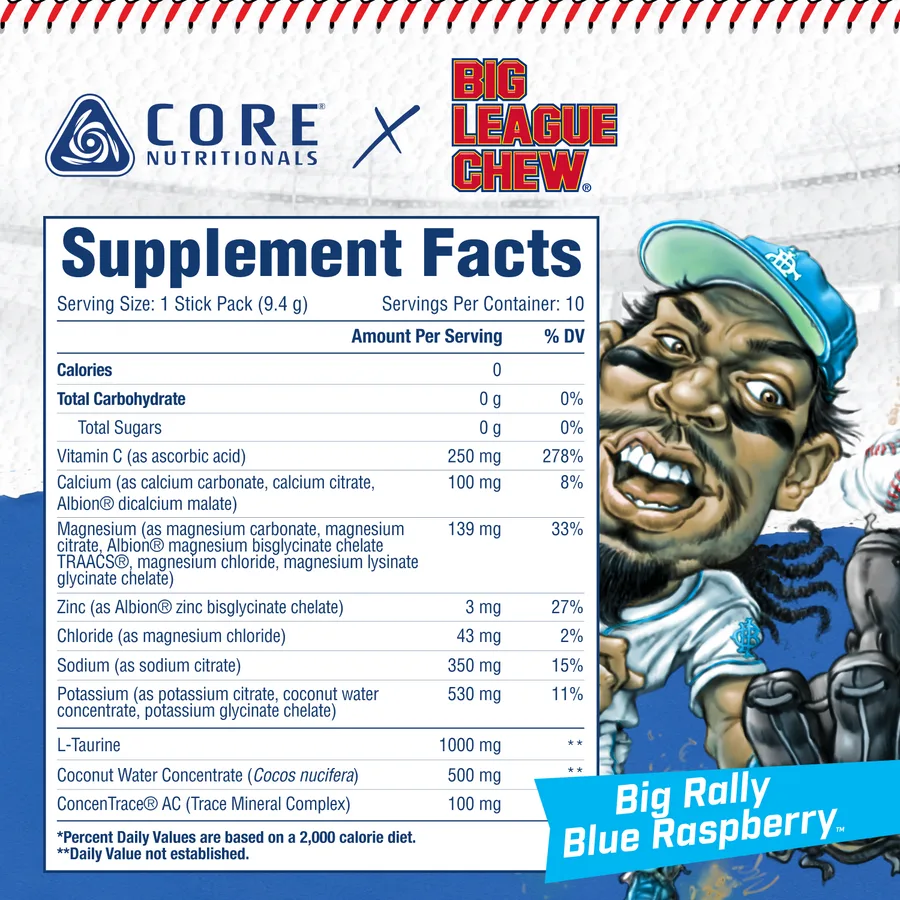 Core Nutritionals x Big League Chew Big Rally Blue Raspberry Supplement Facts panel next to the Big League Chew mascot