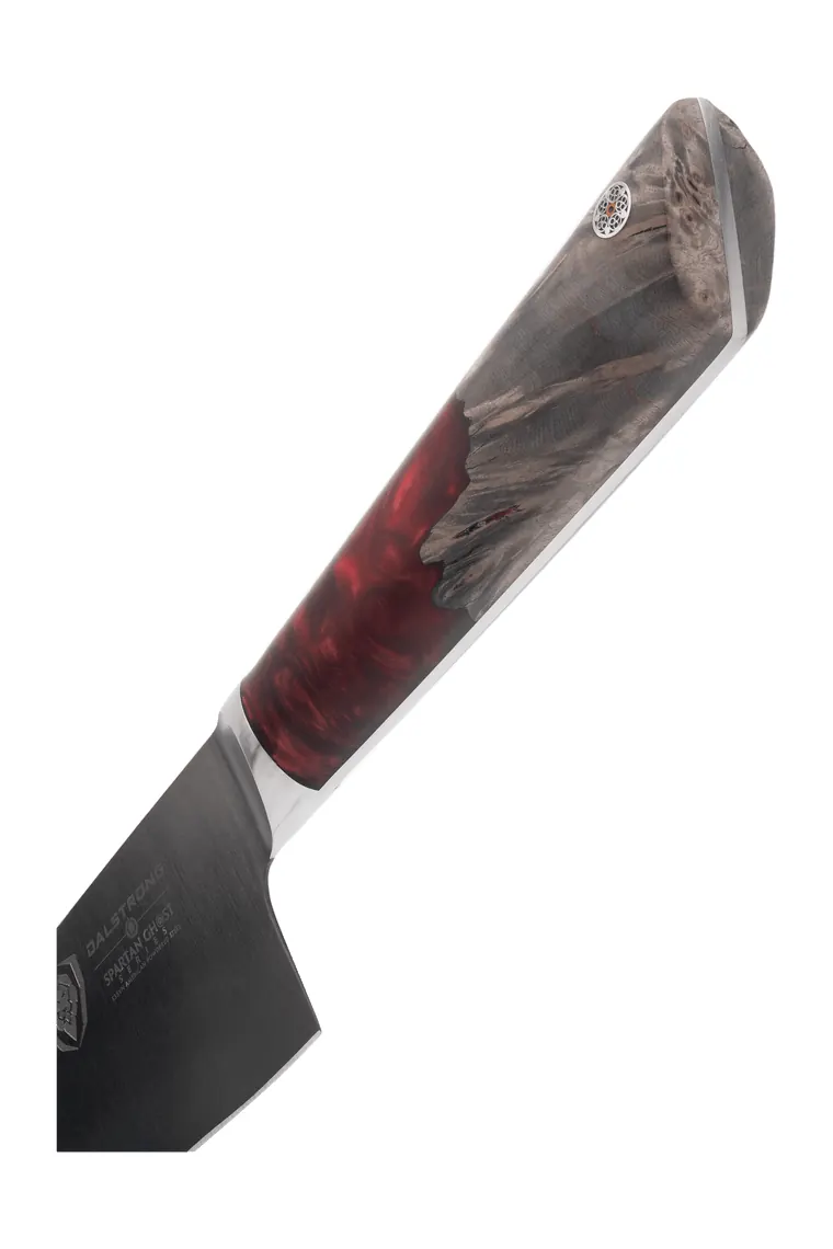 The D shaped ash and resin handle of the Spartan Ghost chef knife, each one cast individually