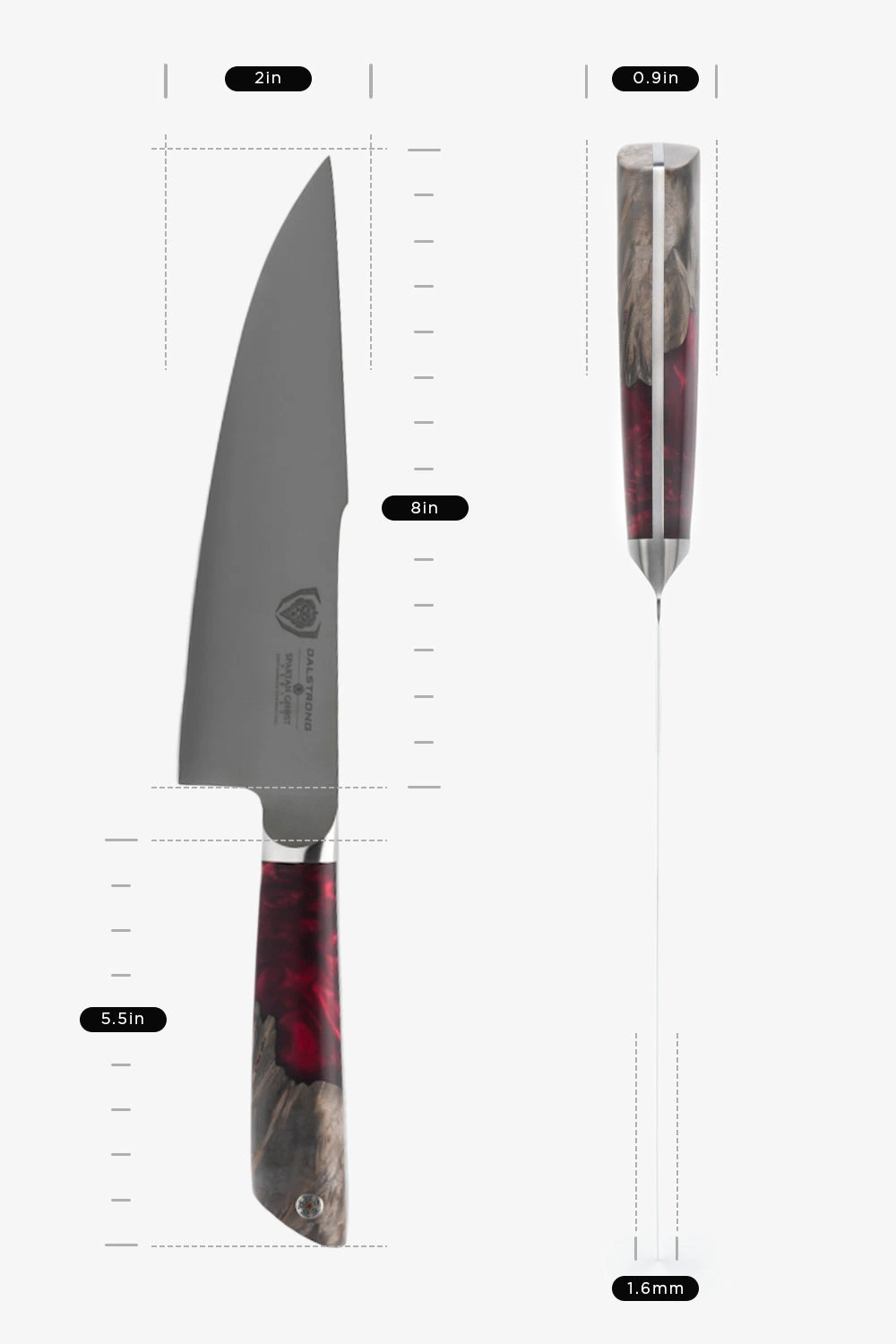 Dalstrong dimension drawing of the 8 inch Spartan Ghost chef knife, shown in profile with 2 inch, 8 inch and 5.5 inch measurements, and end on with a 1.6 millimeter measurement
