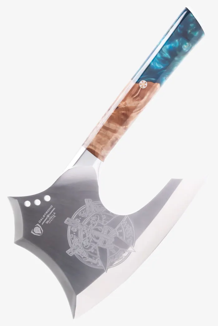 The Dalstrong Valhalla series Meat Axe Chopper, a heavy sandblasted blade with a resin and burl wood handle
