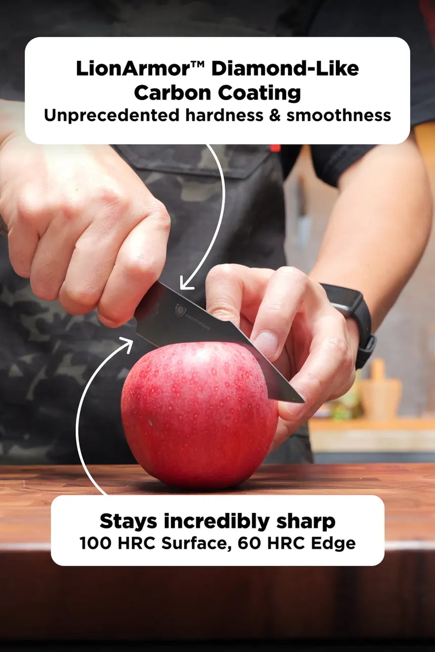 A hand paring an apple with the 4 inch Spartan Ghost paring knife