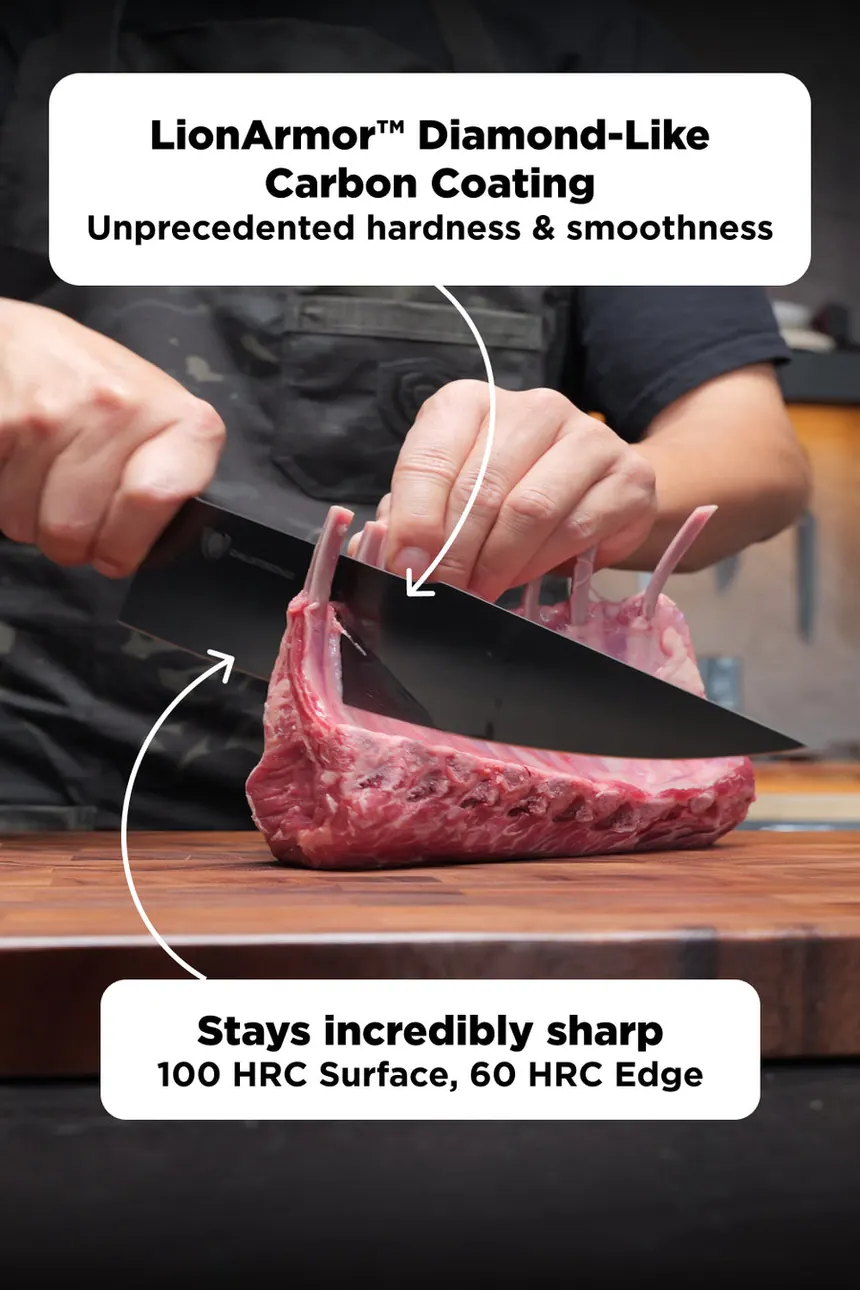 Hands slicing a cooked steak on a wooden board with the Spartan Ghost chef knife