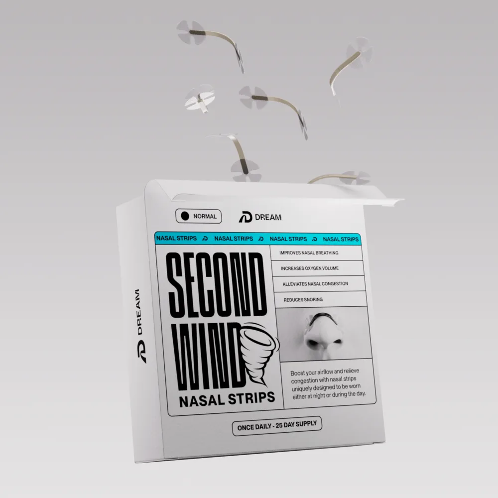 The Second Wind nasal strips box with individual strips floating above it against a light grey background