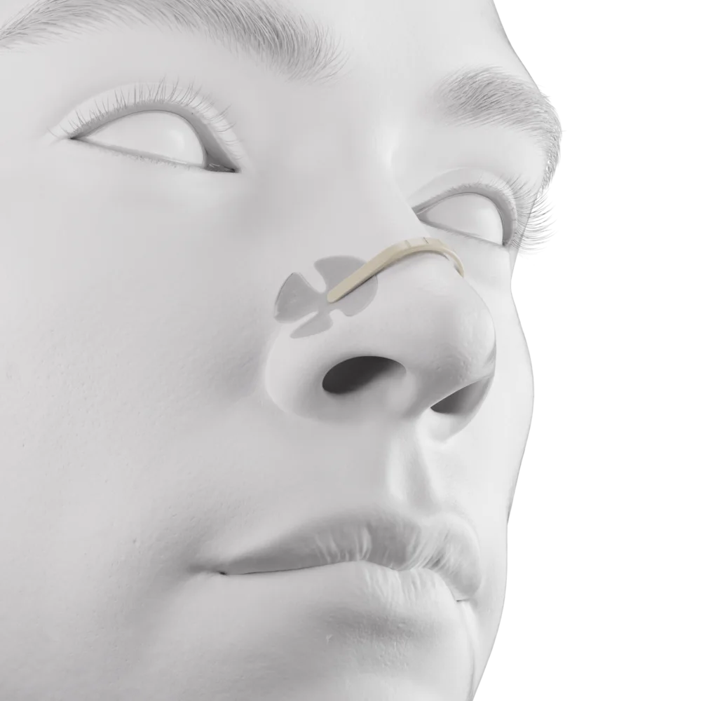 Side view of the same anatomical model showing the strip curving over the bridge of the nose