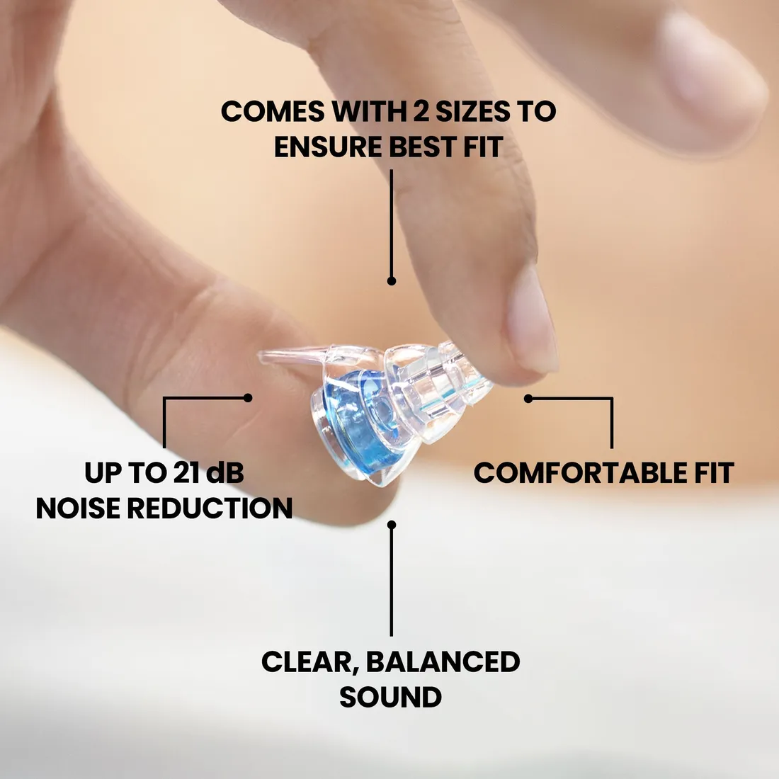 Eargasm feature graphic: comes with 2 sizes to ensure best fit, up to 21 dB noise reduction, comfortable fit, clear balanced sound