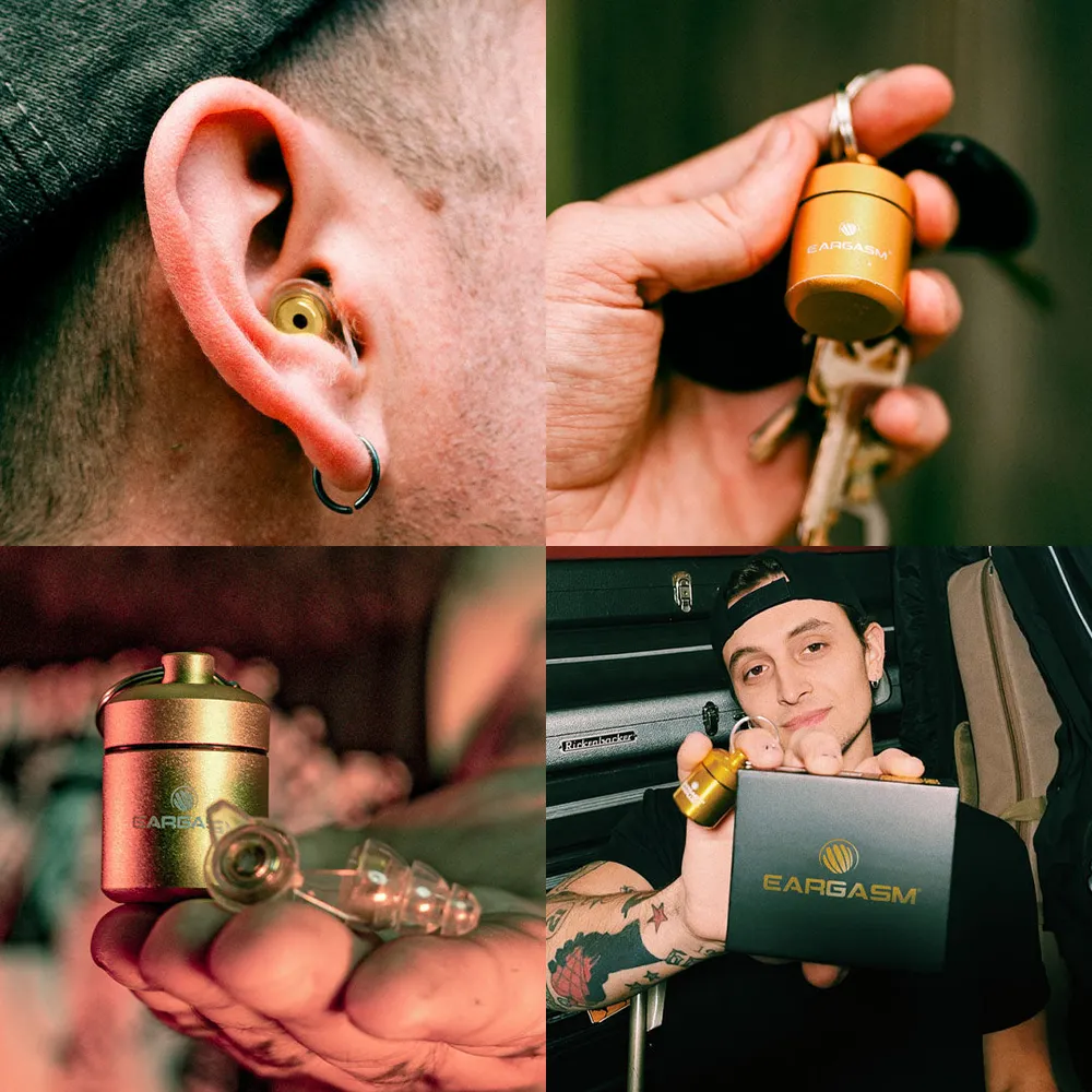 Four photographs of Eargasm earplugs in use, at a venue and at a mixing desk