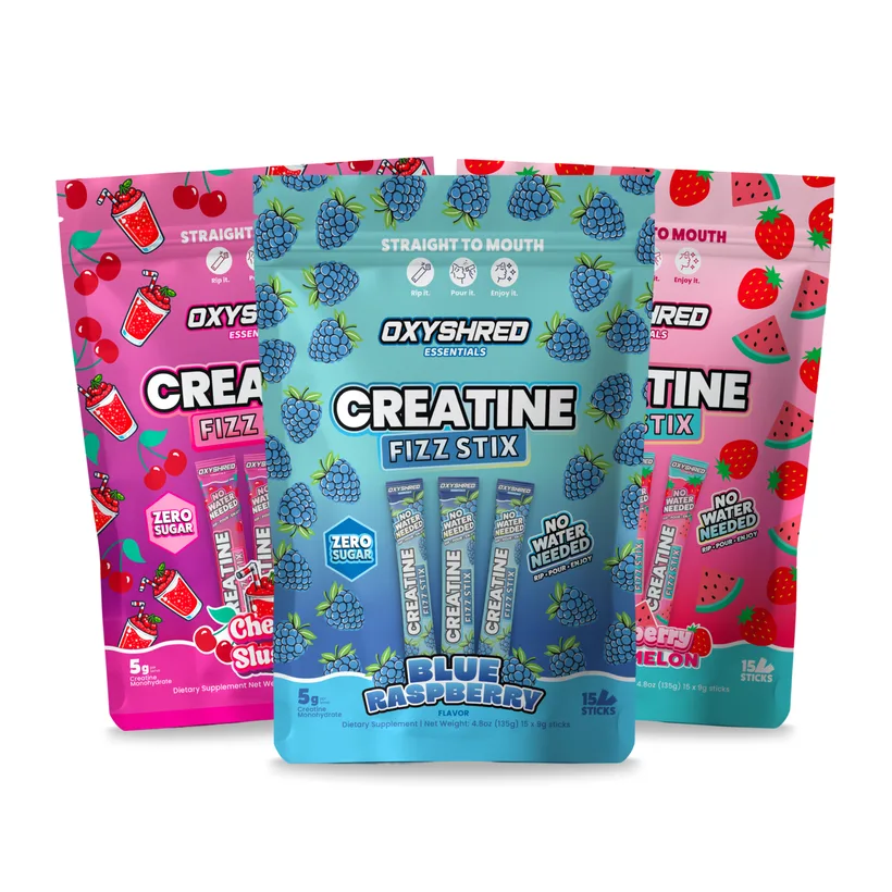 The three pouch Creatine Fizz Sticks variety bundle: Blue Raspberry, Strawberry Watermelon and Cherry Slushie