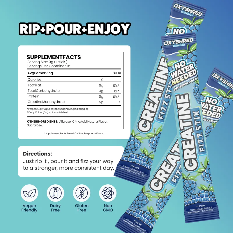 Supplement facts panel and directions for OxyShred Creatine Fizz Stix with vegan friendly, dairy free, gluten free and non GMO badges