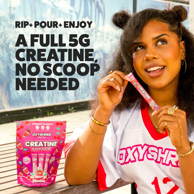 A woman holding a single serve creatine stick and a pouch of OxyShred Creatine Fizz Stix, with the words a full 5g creatine, no scoop needed