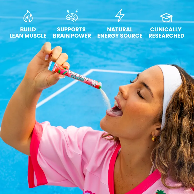 A woman pouring a Creatine Fizz Stix straight into her mouth, with icons for build lean muscle, supports brain power, natural energy source and clinically researched