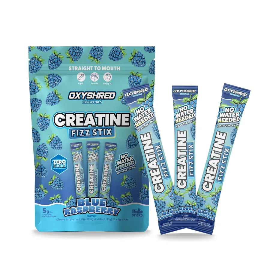 Pouch of OxyShred Creatine Fizz Stix in Blue Raspberry with three single serve sticks