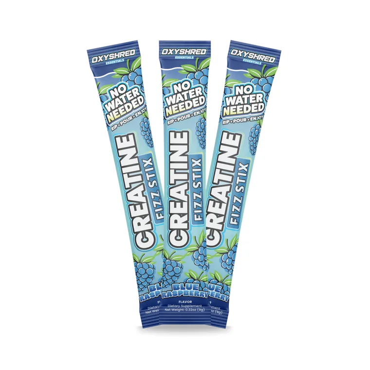 Three OxyShred Creatine Fizz Stix single serve sticks printed with straight to mouth and no water needed