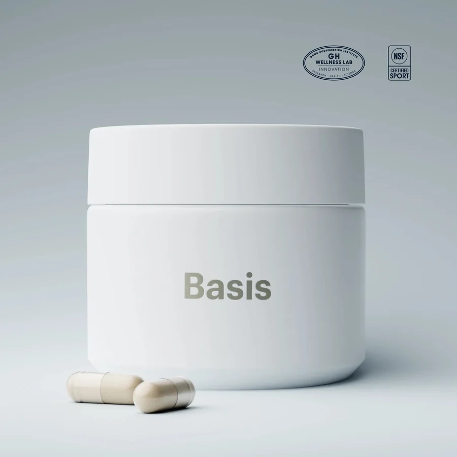 Basis jar with two capsules, carrying the NSF Certified for Sport mark and the Good Housekeeping Wellness Lab seal.