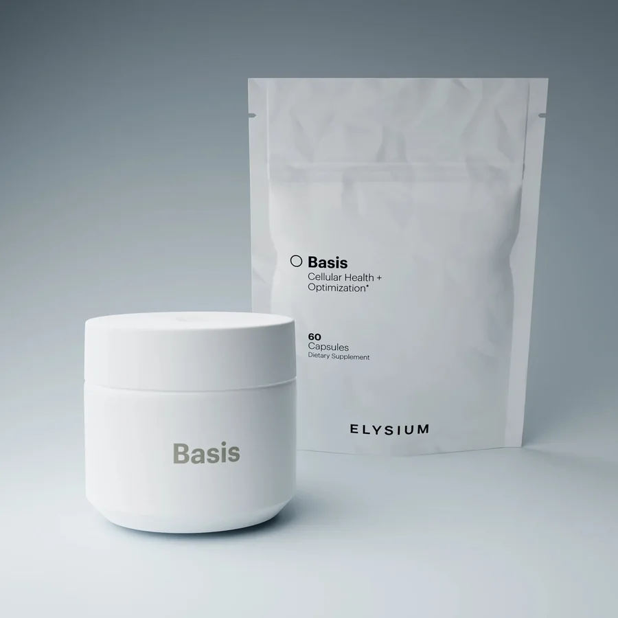 Basis refillable jar next to the 60 capsule pouch.
