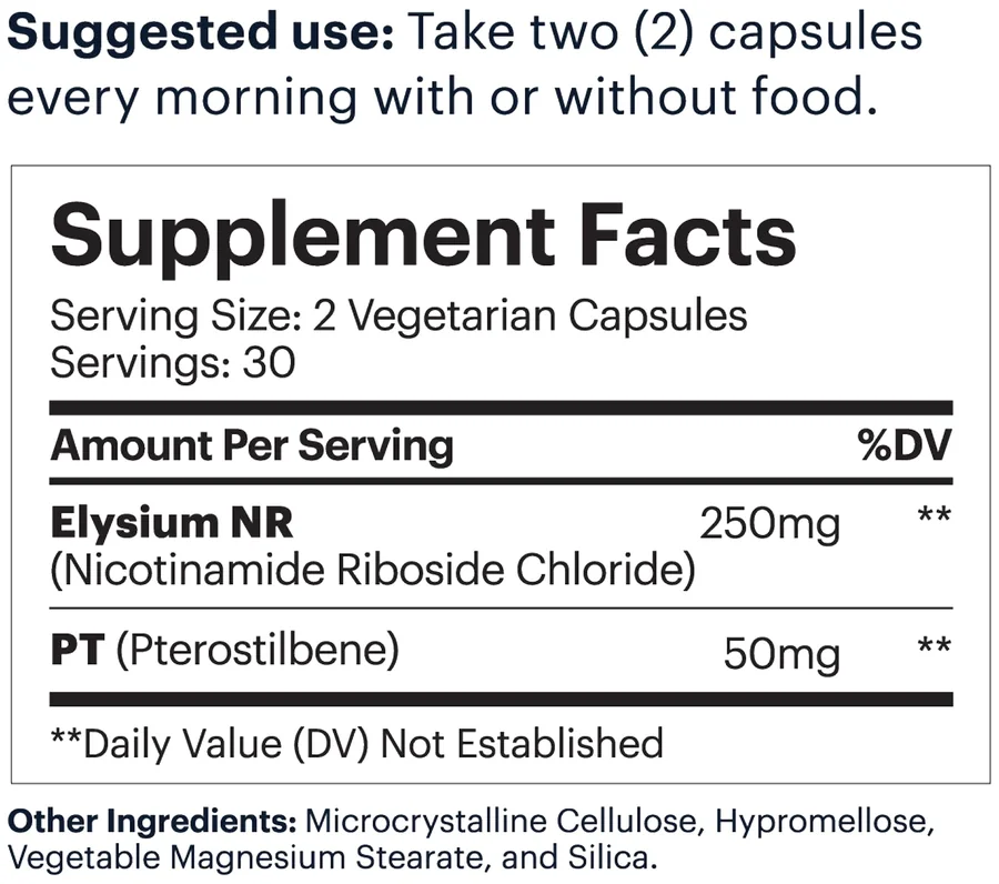 Basis supplement facts panel: serving size two vegetarian capsules, 30 servings, Elysium NR 250 mg, PT 50 mg.
