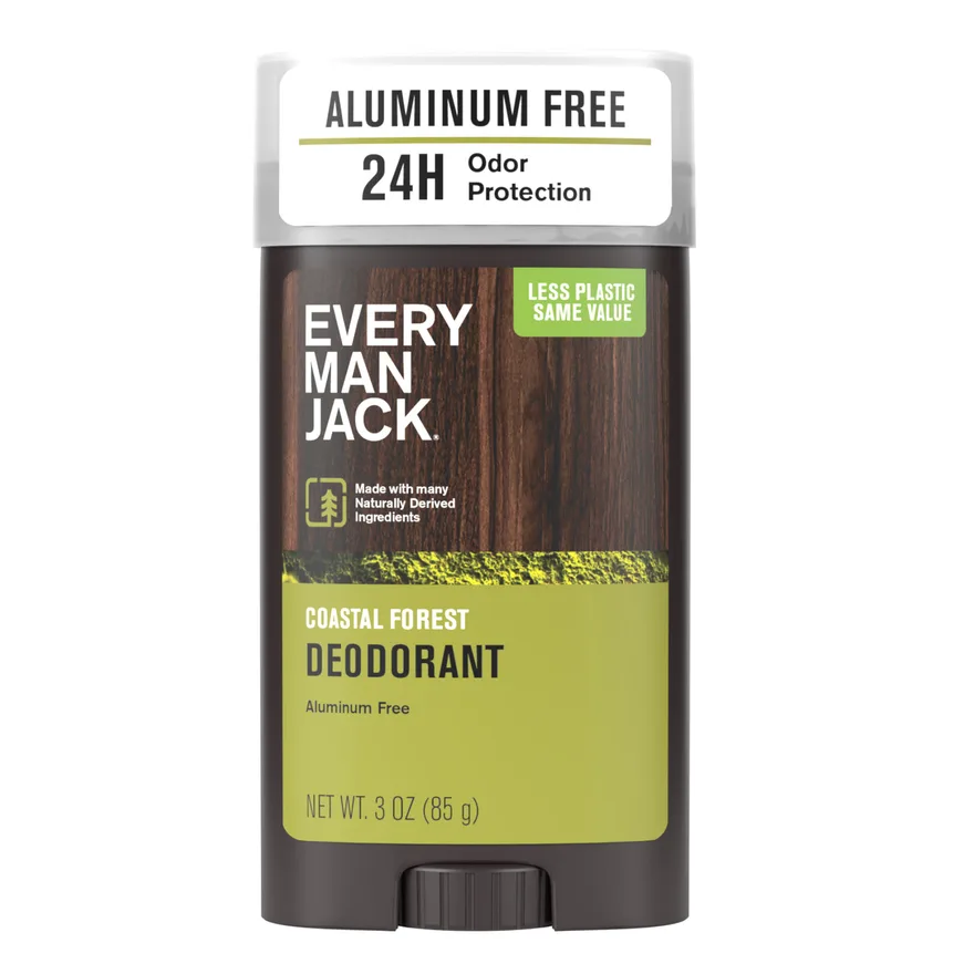 Every Man Jack Aluminum Free Deodorant in Coastal Forest, a brown and olive stick, 3 ounces
