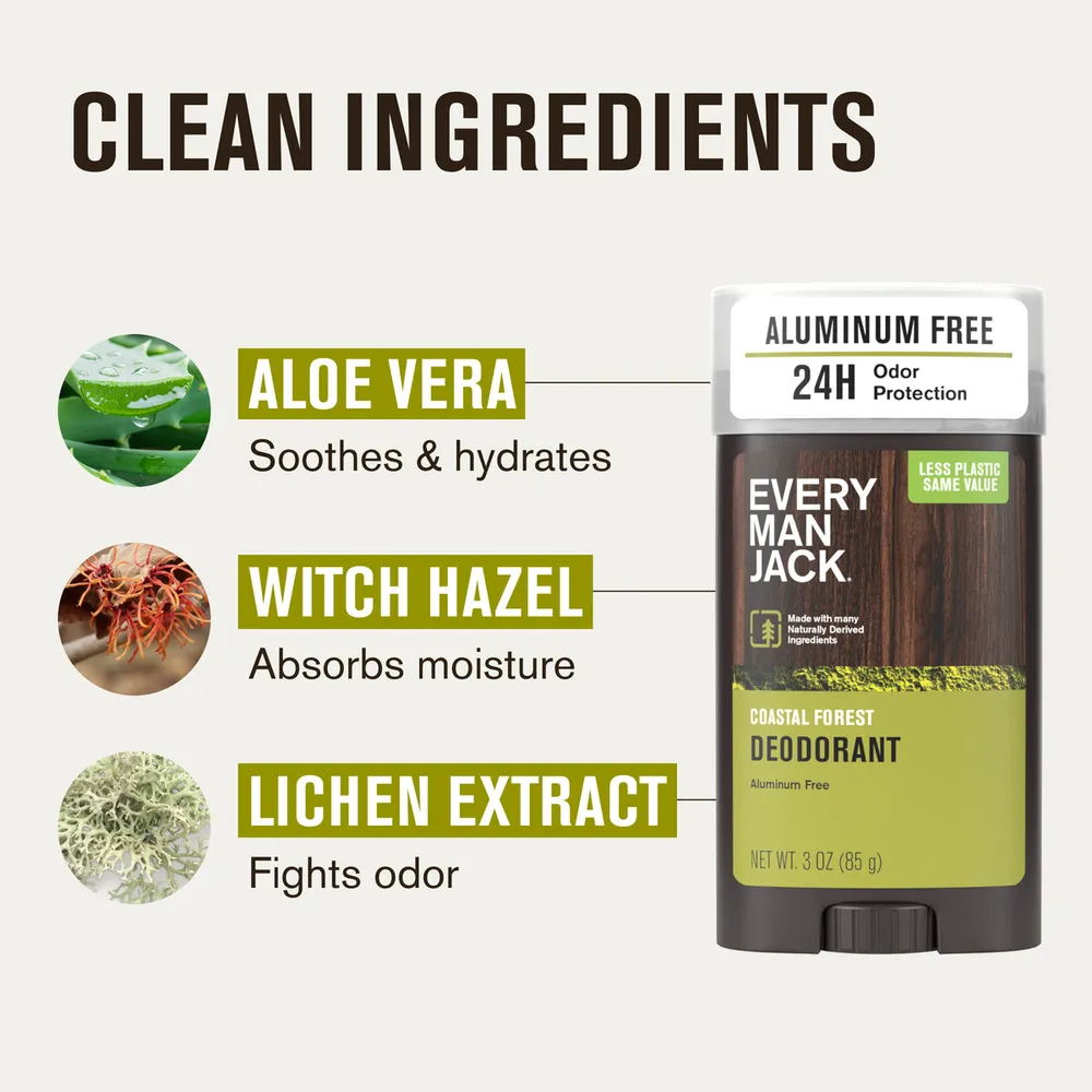 Every Man Jack graphic headed Clean Ingredients, naming aloe vera to soothe and hydrate, witch hazel to absorb moisture and lichen extract to fight odor, next to a Coastal Forest deodorant tube