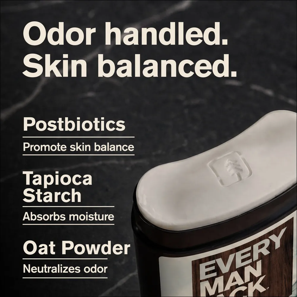 Every Man Jack graphic reading Odor handled, skin balanced, listing postbiotics promote skin balance, tapioca starch absorbs moisture, oat powder neutralizes odor