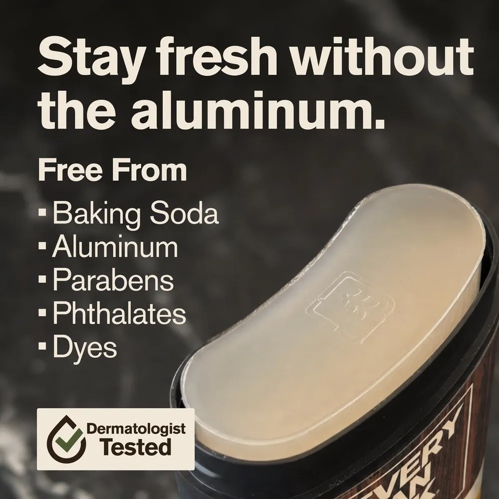 Every Man Jack photograph of a translucent deodorant stick with the headline Stay fresh without the aluminum and a free from list of baking soda, aluminum, parabens, phthalates and dyes
