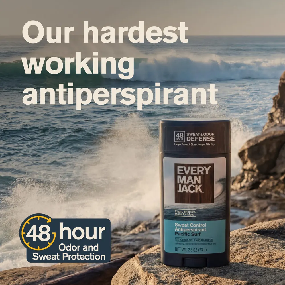 Every Man Jack 48 Hour Sweat-Control Antiperspirant photographed on a rock by the ocean, with a seal reading 48 hour odor and sweat protection