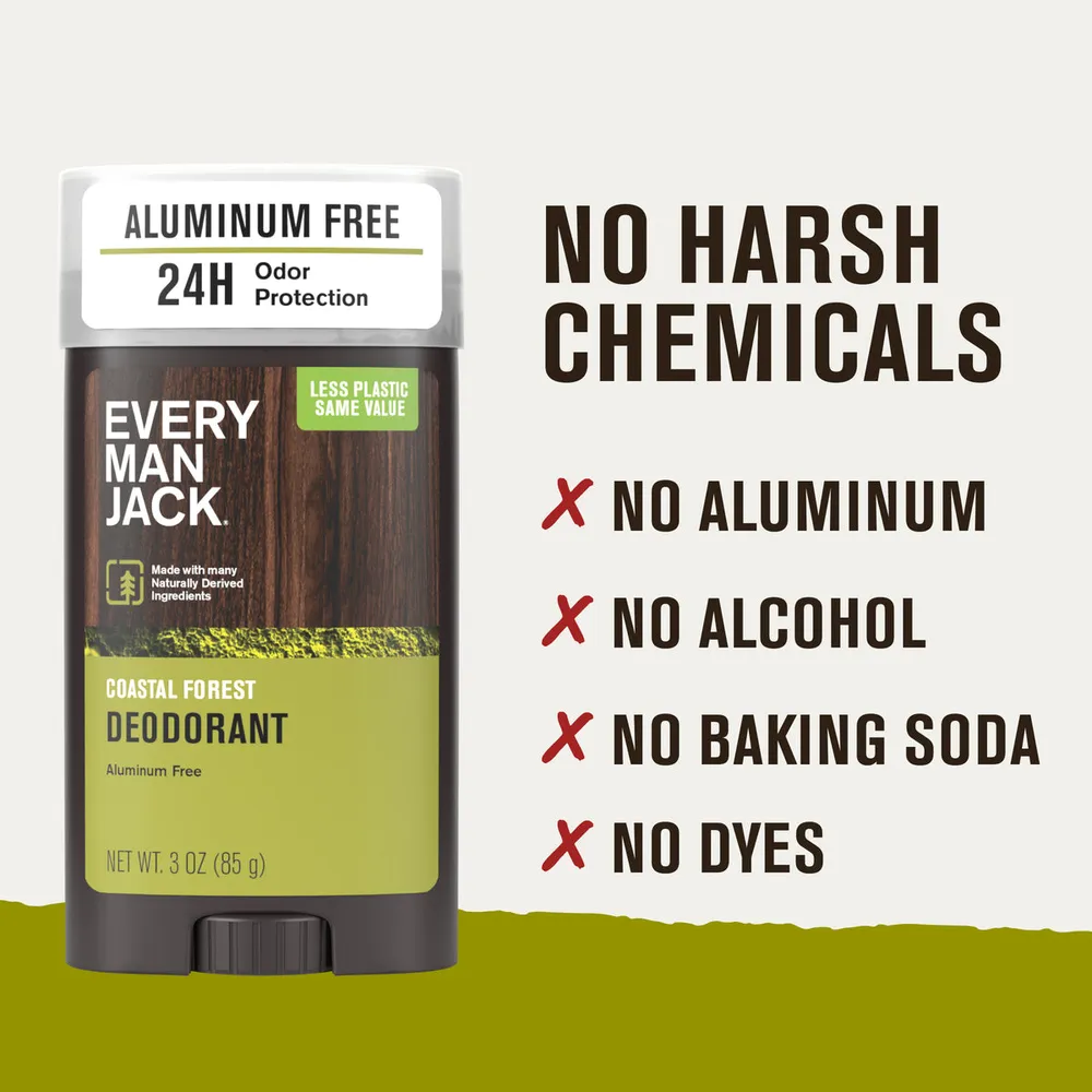 Every Man Jack Coastal Forest aluminum free deodorant next to the words no harsh chemicals, no aluminum, no alcohol, no baking soda, no dyes