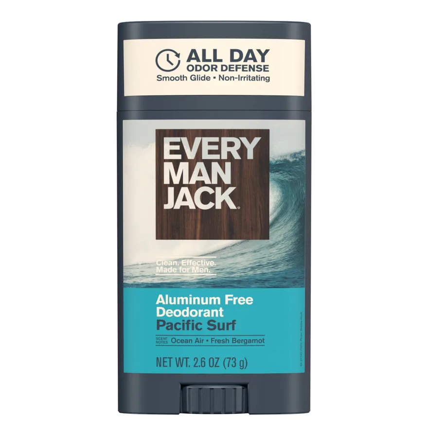 Every Man Jack All Day Odor Defense Deodorant in Pacific Surf, an opaque grey stick, 2.6 ounces