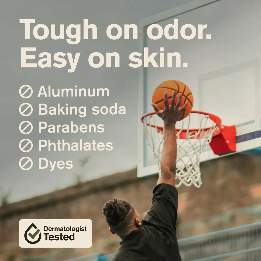 Every Man Jack lifestyle image reading Tough on odor, easy on skin, with a free from list of aluminum, baking soda, parabens, phthalates and dyes and a dermatologist tested seal