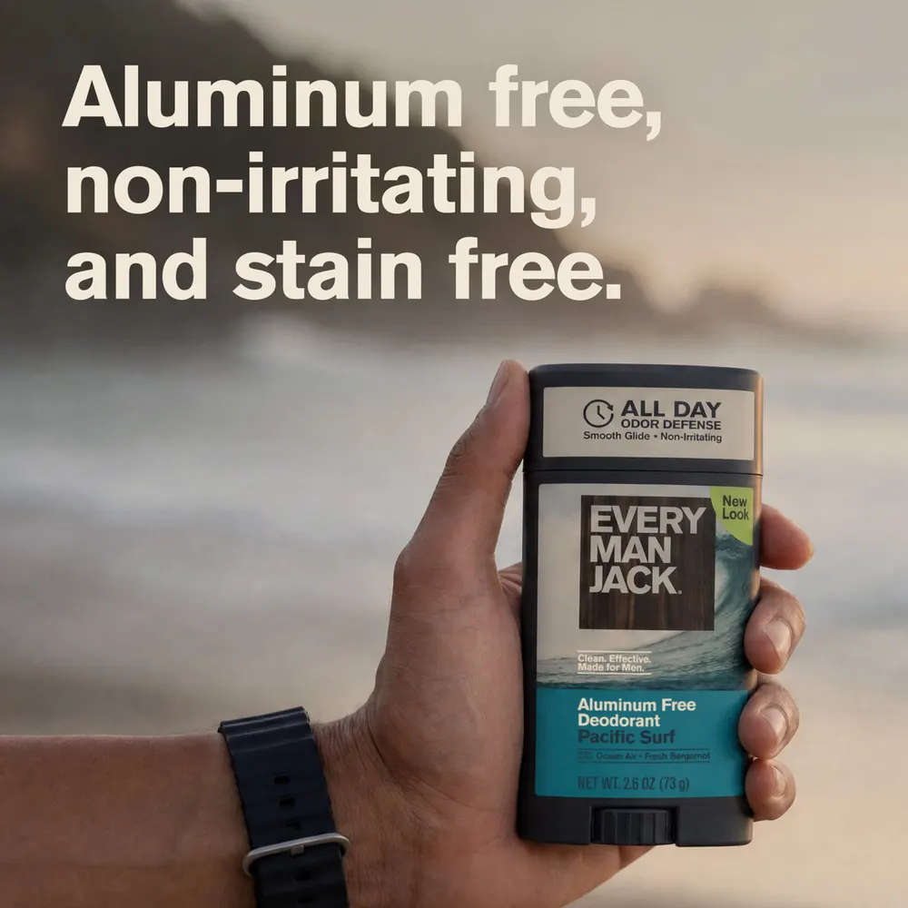 A hand holding an Every Man Jack All Day Odor Defense deodorant on a beach, with the words aluminum free, non-irritating and stain free