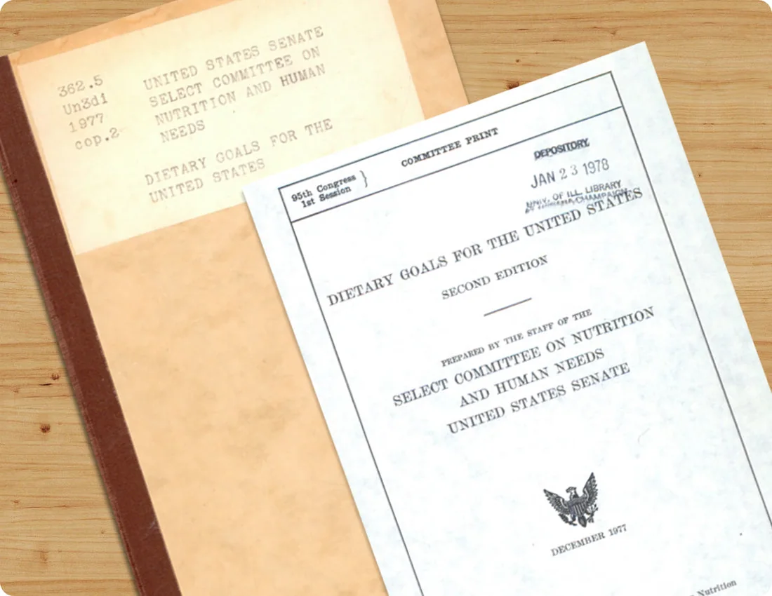 The 1977 Senate committee print Dietary Goals for the United States, second edition, on a wooden desk