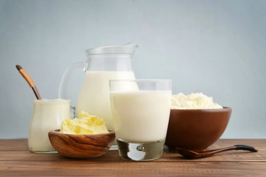 Whole milk, cream, butter and yogurt on a wooden table