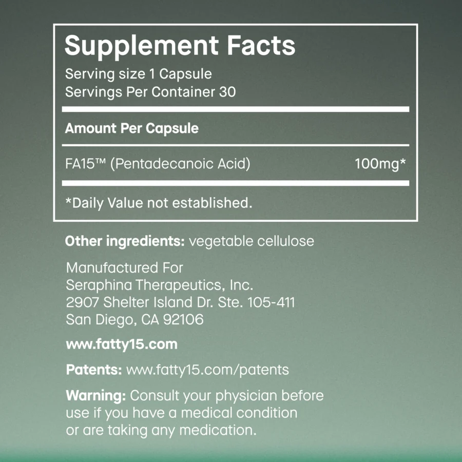 The fatty15 supplement facts panel showing FA15 pentadecanoic acid 100 mg per capsule