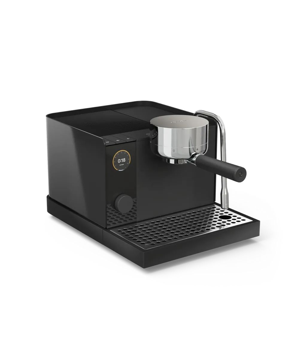 Fellow Espresso Series 1 in black, front view, showing the round display and the control dial below it