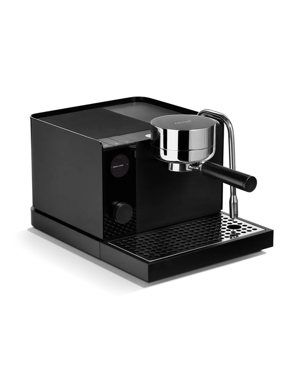 Fellow Espresso Series 1 in black, side view, showing the steam wand and the pressure display
