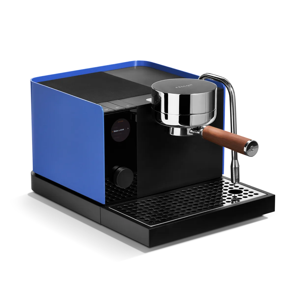 Fellow Espresso Series 1 in Marine Blue and Walnut seen from the front, with the display and control dial
