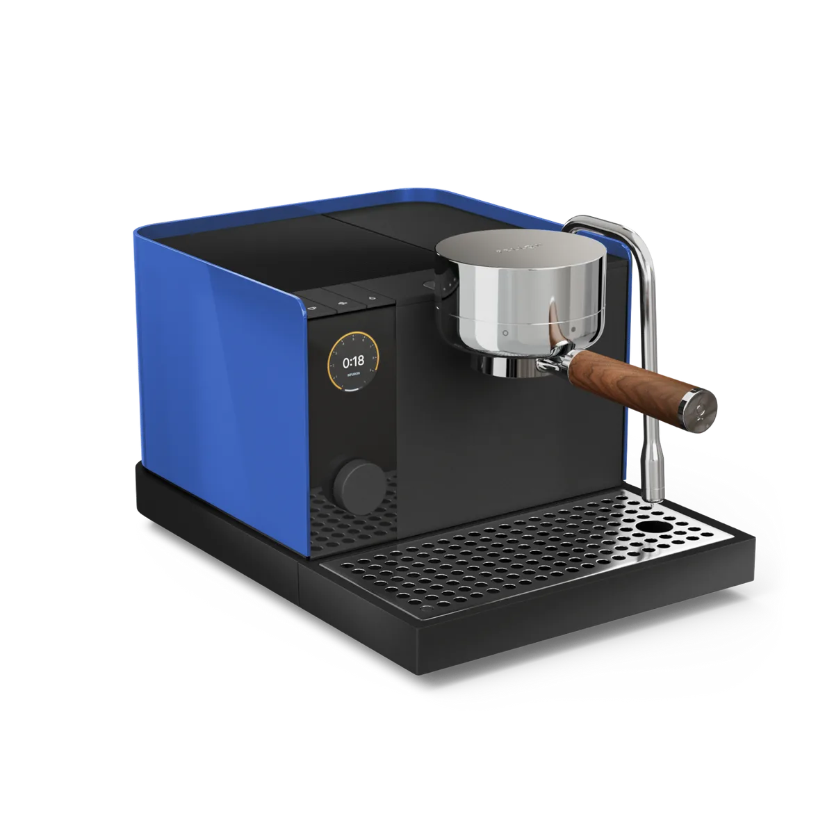 Fellow Espresso Series 1 in Marine Blue with a portafilter locked in and a round display reading a shot time of eighteen seconds