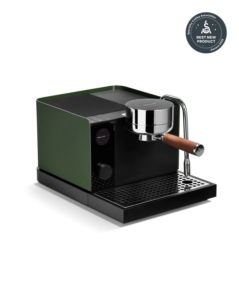 Fellow Espresso Series 1 in Woodland and Walnut, with a wood handled portafilter