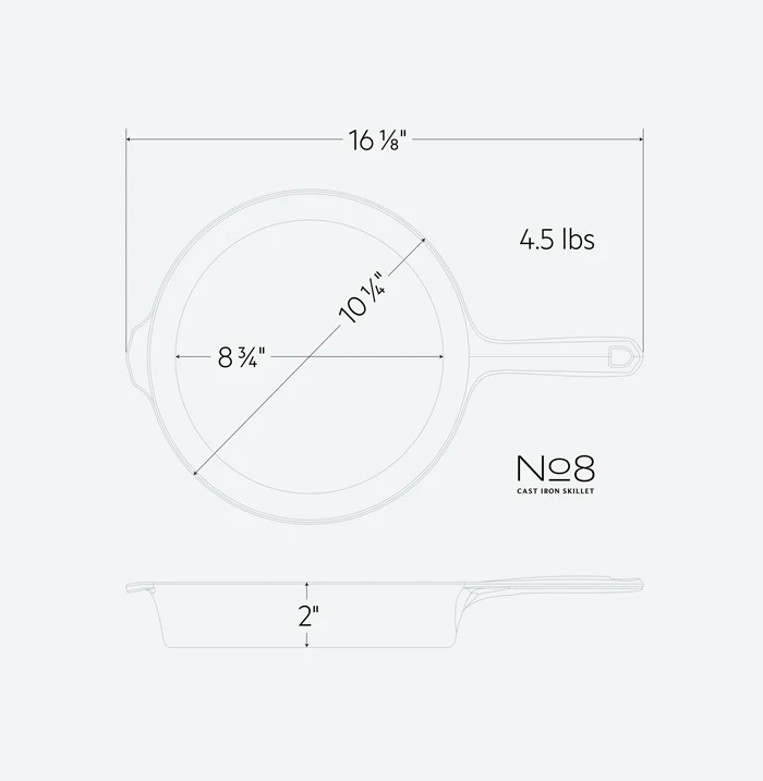 Technical line drawing of the Field No.8 skillet with dimensions: 16 and one eighth inch total length, 10 and a quarter inch diameter, 8 and three quarter inch cooking surface, 2 inch wall, 4.5 pounds