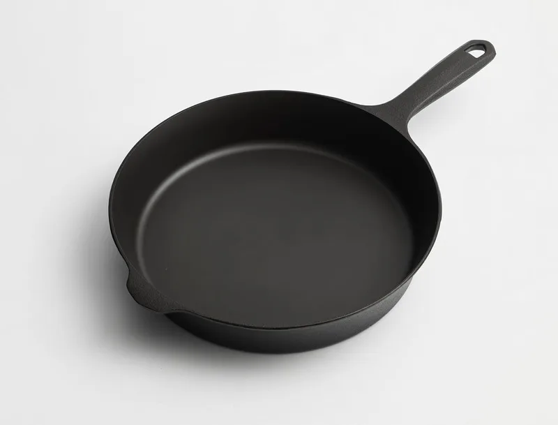 A Field cast iron skillet photographed from above on a white background, showing the even machined cooking surface