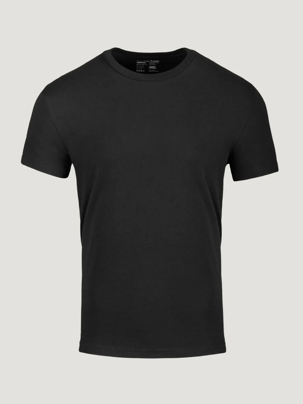 A black Fresh Clean Threads crew neck tee photographed with no body inside it, showing the cut of the garment.