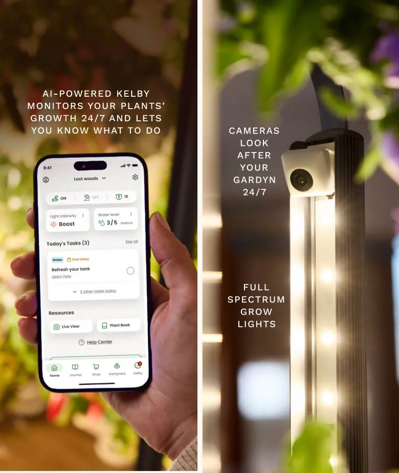 The Gardyn app on a phone next to the camera and LED lighting inside the column