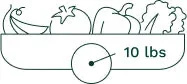Line drawing of a basket of vegetables labeled ten pounds