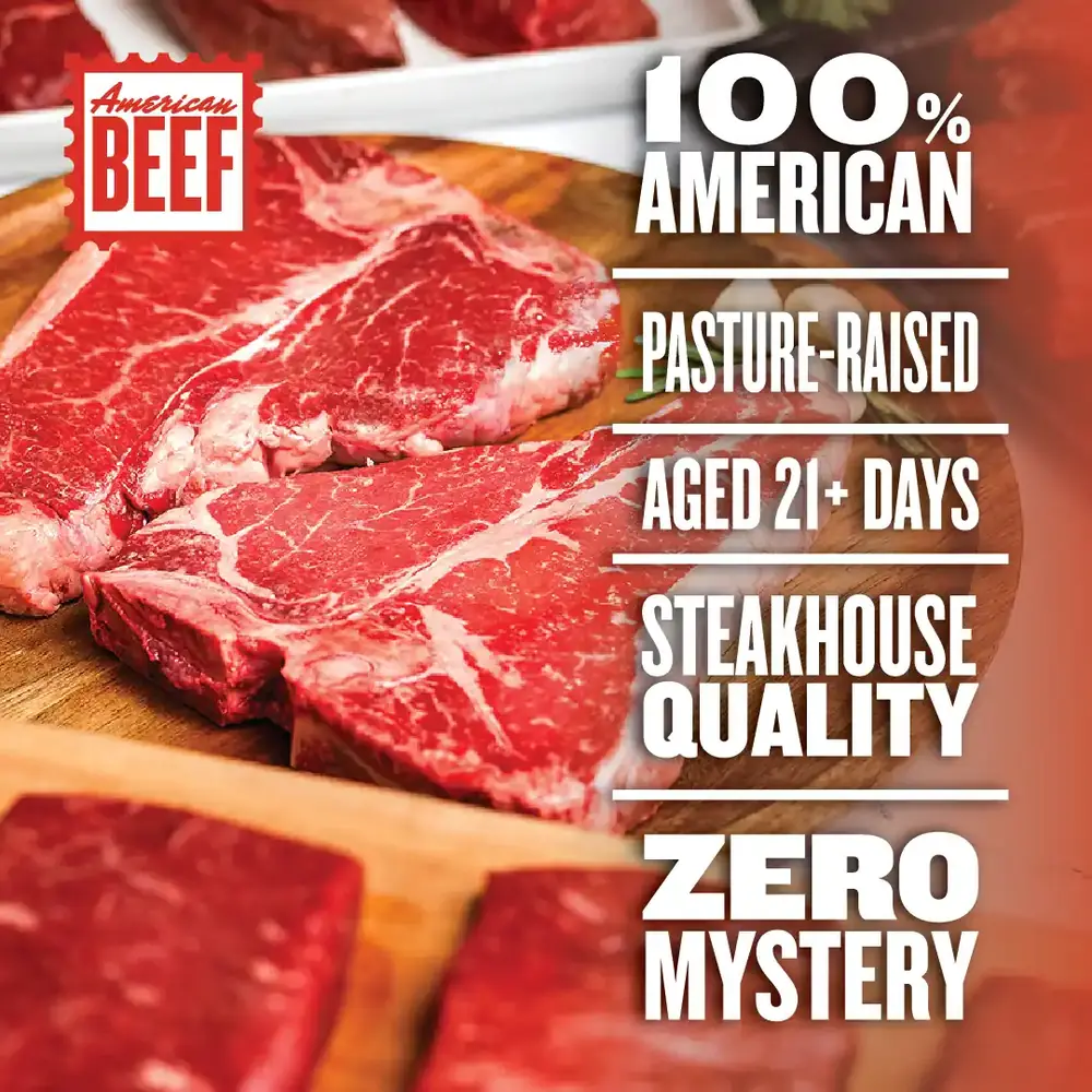 Good Ranchers beef standards: 100 percent American, pasture raised, aged 21 or more days, steakhouse quality, zero mystery