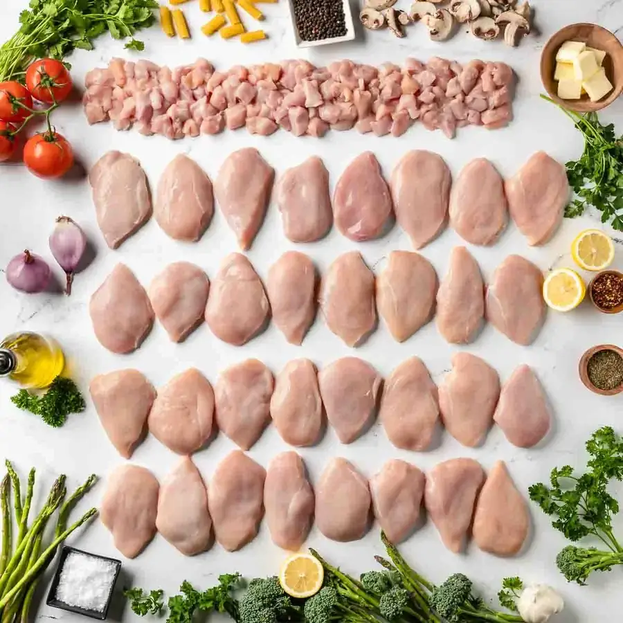 Chicken breasts, ground beef and steaks laid out with herbs and seasonings