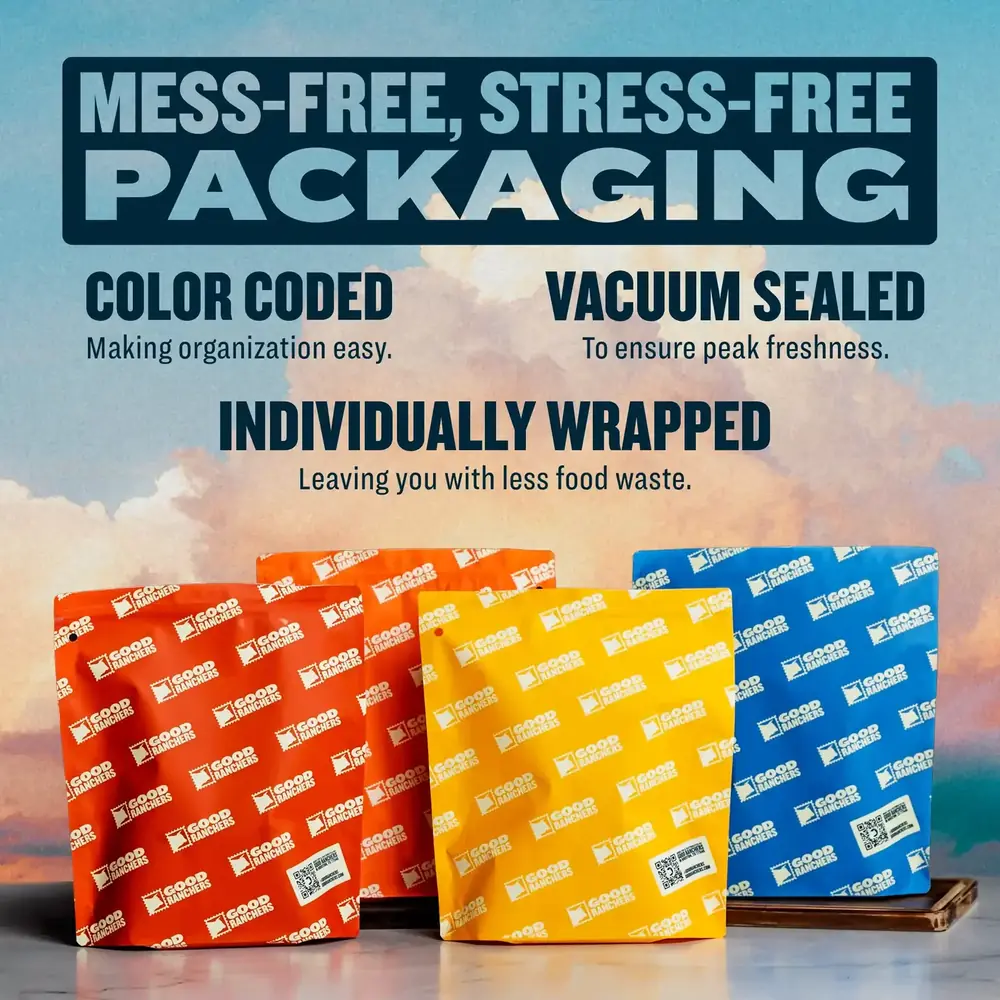 Color coded, vacuum sealed and individually wrapped Good Ranchers packaging