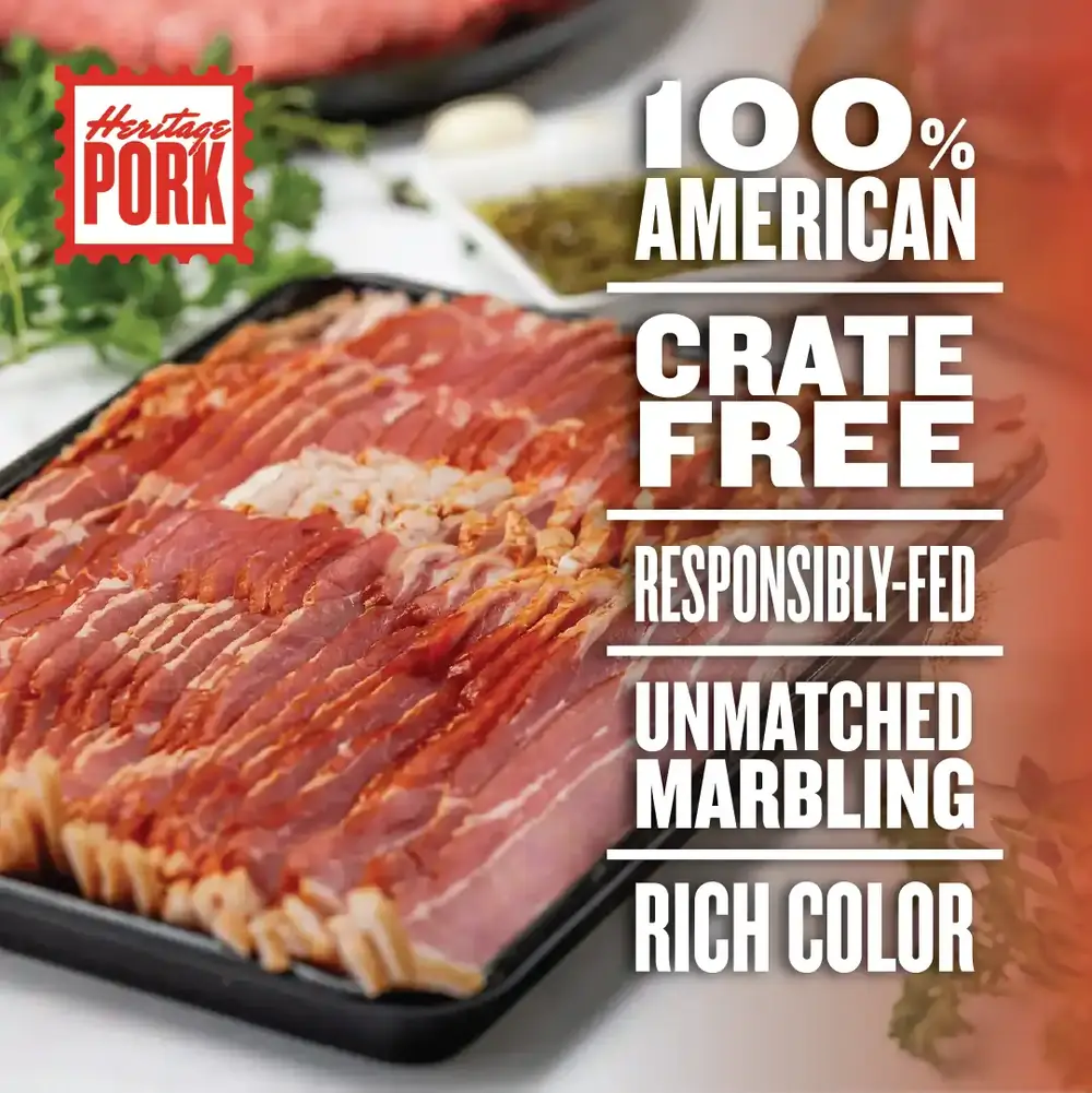 Good Ranchers pork standards: 100 percent American, crate free, responsibly fed, unmatched marbling, rich color