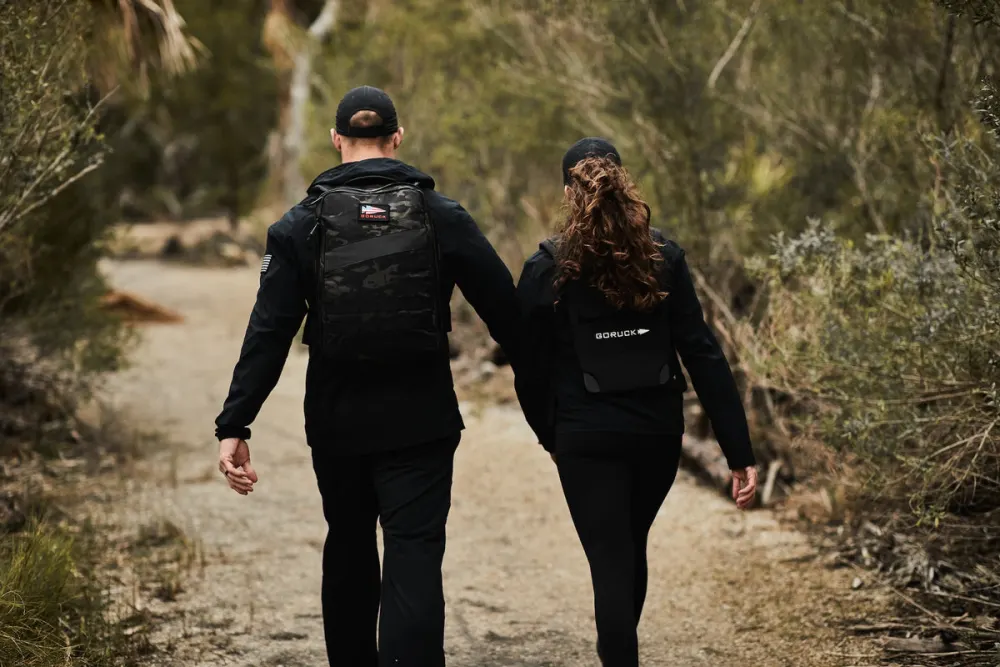 Two people walking away from the camera on a trail wearing loaded rucksacks