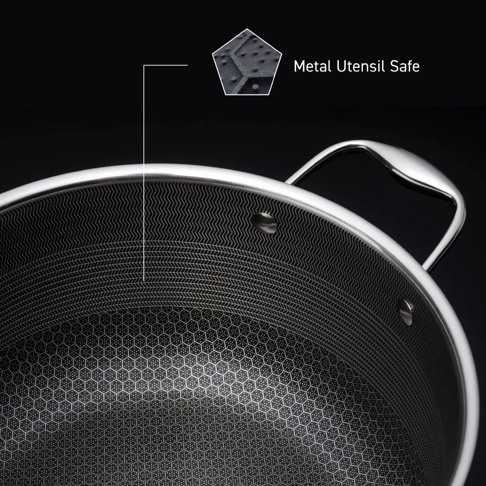 HexClad Hybrid pan photographed with a callout reading Metal Utensil Safe pointing at the hexagon cooking surface