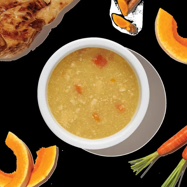 Bowl of chicken stew topper with pumpkin