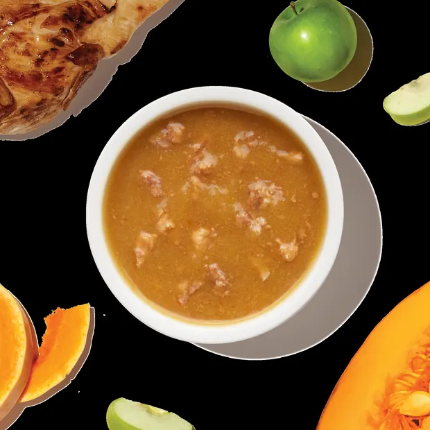 Bowl of pumpkin stew topper with apple and squash