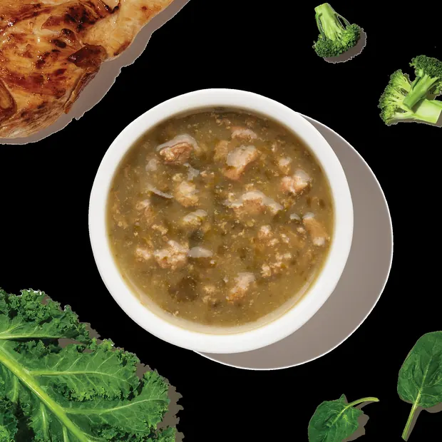 Bowl of superfood stew topper with kale and broccoli